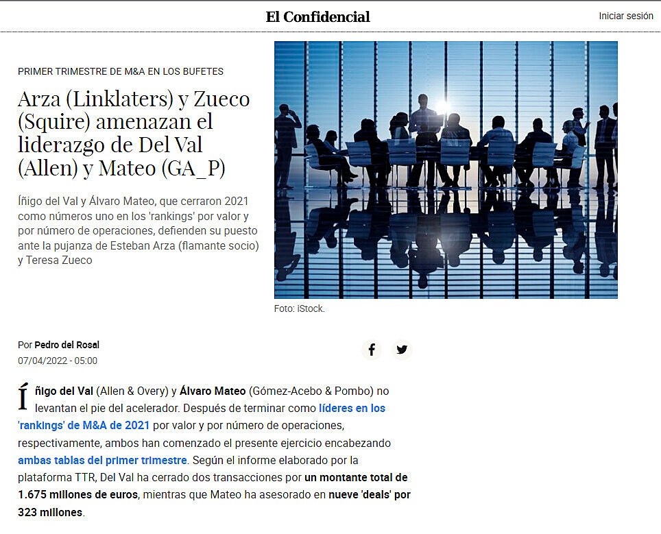 Arza (Linklaters) y Zueco (Squire) amenazan el liderazgo de Del Val (Allen) y Mateo (GA_P)